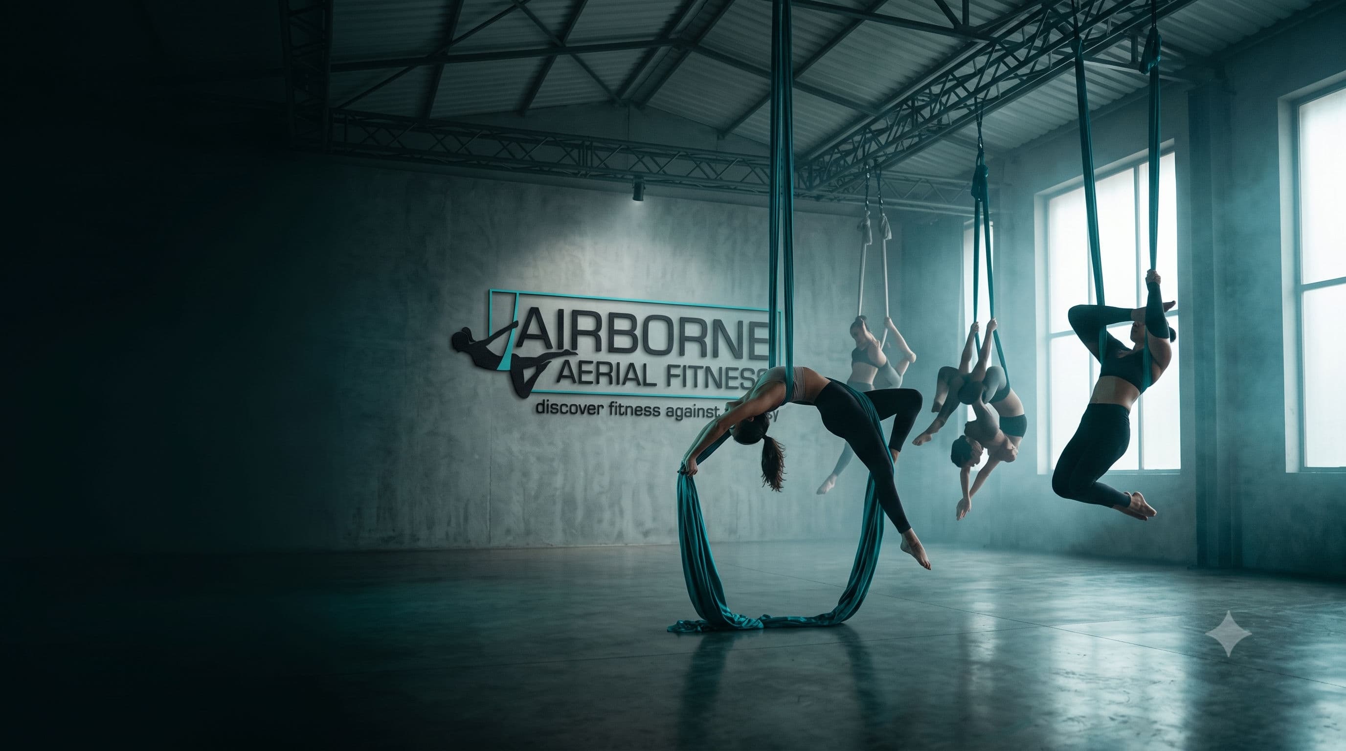 A powerful aerial silk pose held with control and grace inside the Airborne studio